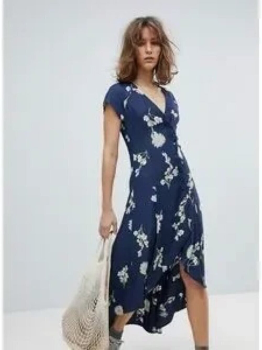 Free People Lost In You Women's Navy Floral Wrap Dress V-Neck Size M